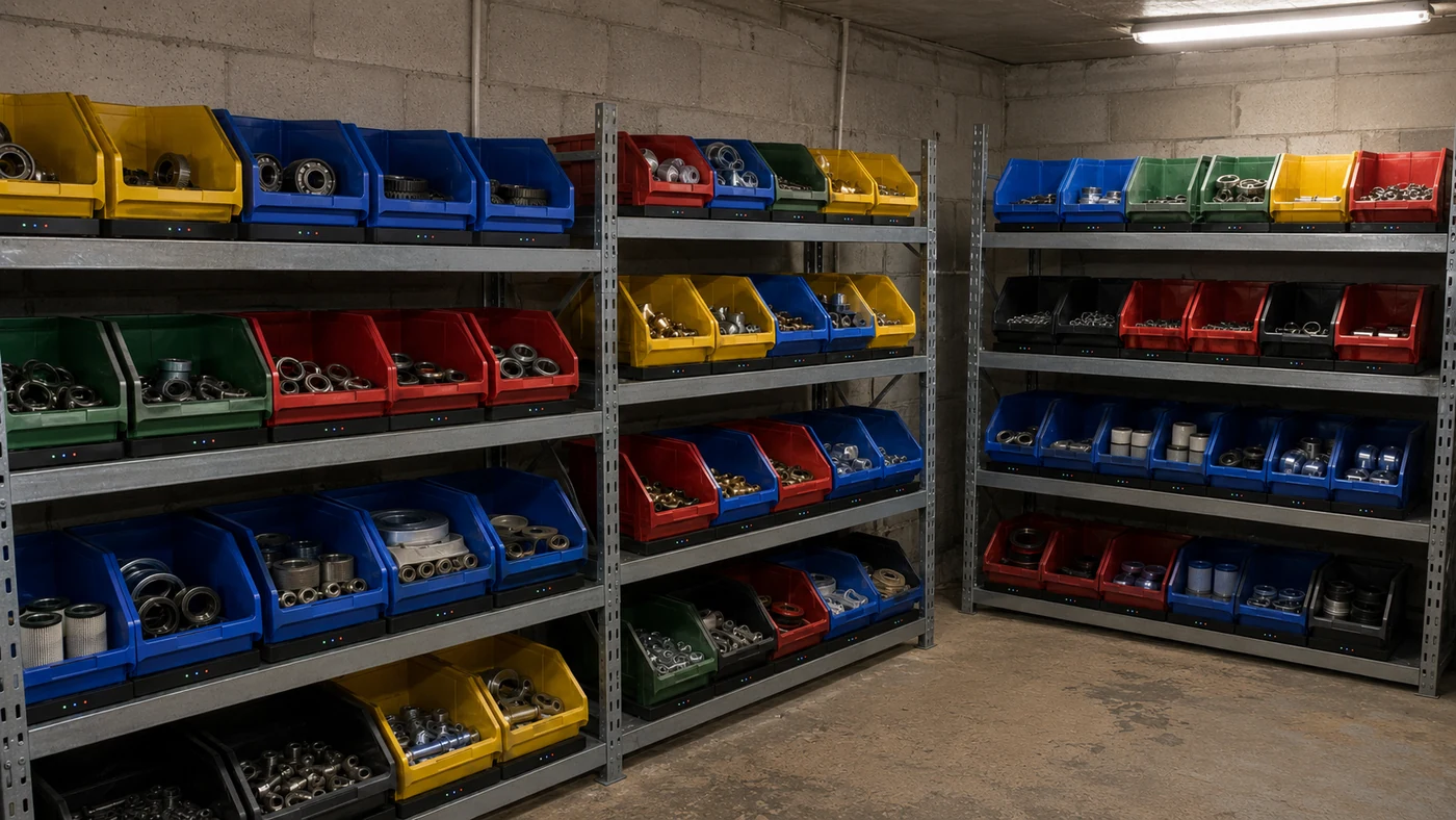 Storeroom with bins on weight-based counting scales