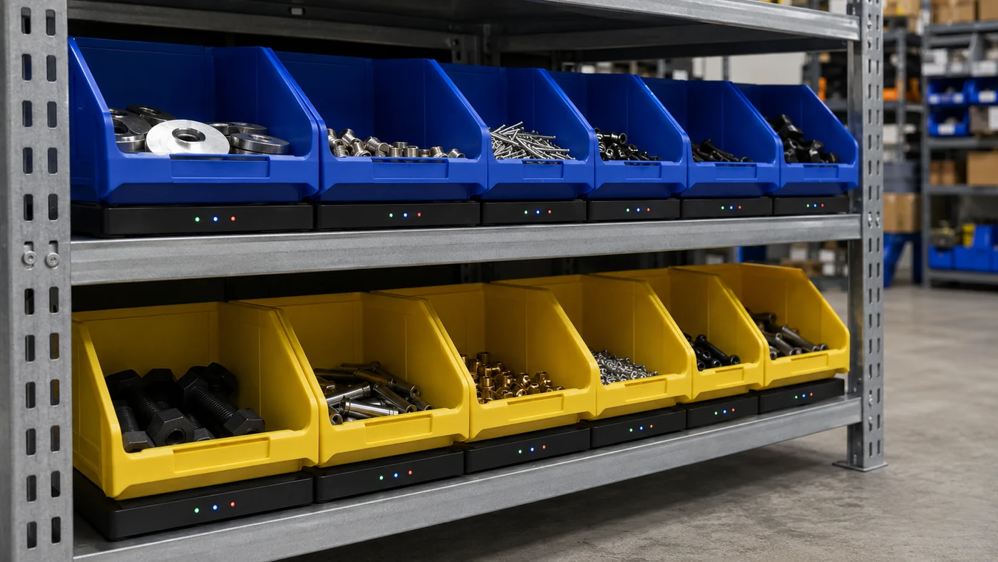 Bins of fasteners and fittings on scales in a workshop