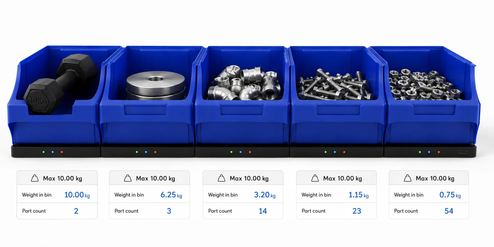 Five bins on scales showing live part counts