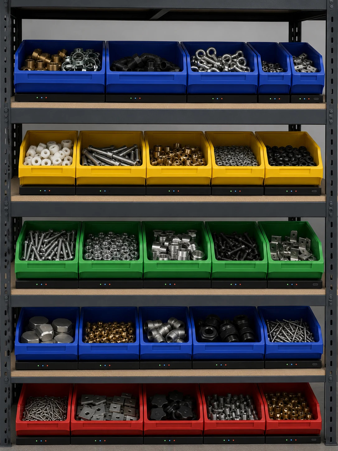 Full storage rack with bins on scales across five shelves